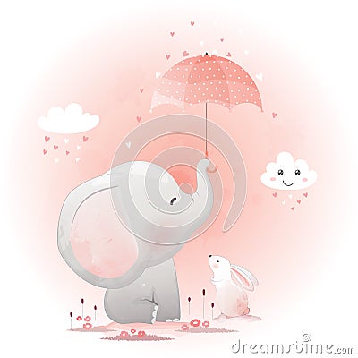 Cute elephant and bunny with umbrella cartoon hand drawn vector illustration Vector Illustration