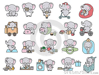 Cute elephant cartoon bundle color for kids, baby characters, wedding,card.vector Vector Illustration