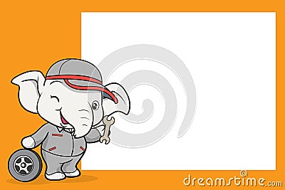 Cute elephant mascot worker uniform Car mechanic with white board Vector Illustration