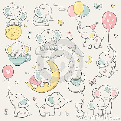 Cute elephant collection. Cartoon animals, vector illustration Vector Illustration