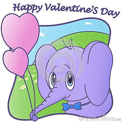 Cute Elephant. Happy Valentine`S Day. Balloon. card Vector Illustration