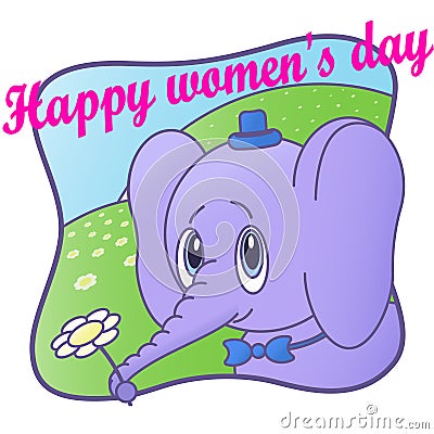 Cute Elephant. Happy women`s day.Flower,card Vector Illustration
