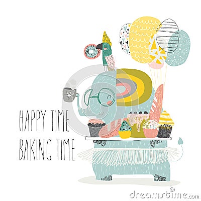 Cute elephant holding tray with homemade bakery Vector Illustration