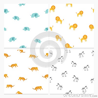 Cute elephant, lion, leopard, zebra set of seamless patterns. Vector hand drawn illustration. Nursery background for Vector Illustration