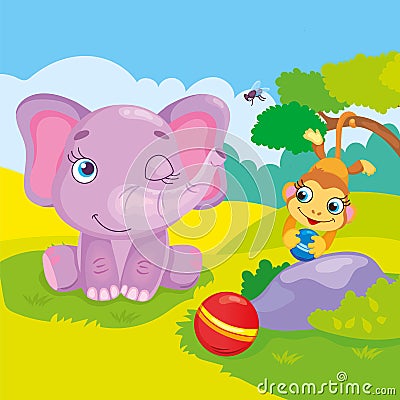 Cute Elephant And Monkey Vector Illustration