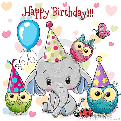 Cute Elephant and owls with balloon and bonnets Vector Illustration