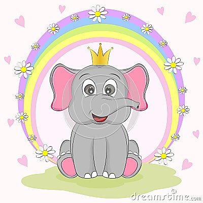 Cute elephant princess sitting on the grass. Vector Illustration