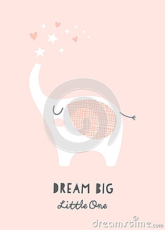 Cute elephant and stars Dream Big Little One nursery poster. Printable art for kids. Baby girl illustration in pink. Vector Illustration