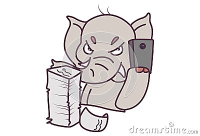 Cute Elephant talking angrily on mobile with a pile of papers in front. Stock Photo