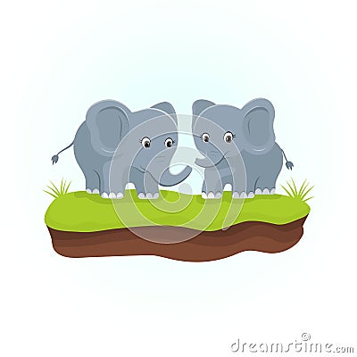 Cute Elephants on the green grasses. Animals cartoon character. Vector Illustration