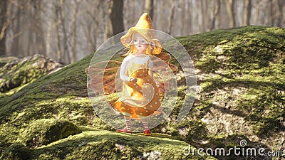 A cute cheerful elf is dancing a fiery dance on a green stone in a summer sunny forest. Fairy elven magic concept. 3D Stock Photo