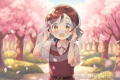 A cute embarrassed anime school girl under the blooming cherry sakura Stock Photo