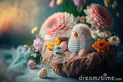 Embroided chick in an easter nest with easter eggs and spring flowers, generative ai Stock Photo