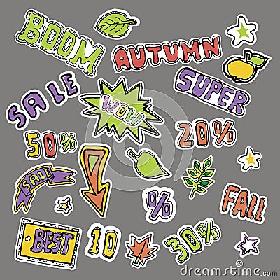 Cute embroidery patches and stickers collection. Autumn sales. H Vector Illustration