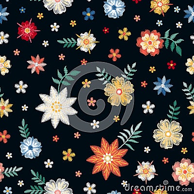 Cute embroidery seamless floral pattern with colorful little flowers on black background. Fashion design. Vector Illustration