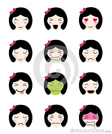 Cute emoji collection. Kawaii asian girl face different moods Vector Illustration