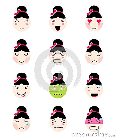 Cute emoji collection. Kawaii asian girl face different moods Vector Illustration