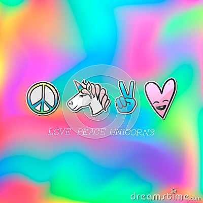 Cute emoji patches badge, love peace unicorn stickers, vector Vector Illustration