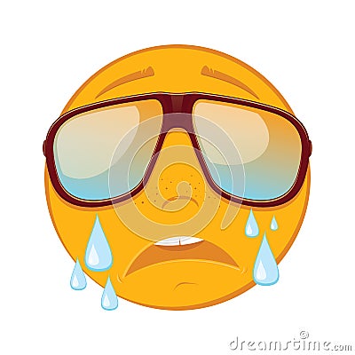 Cute emoticon crying in a sunglasses on white background. Vector Illustration