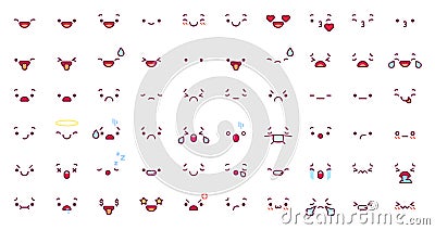 Cute emoticon emoji faces. Cartoon kawaii face expression in japanese anime character. Manga emotion kiss, cry and angry Vector Illustration