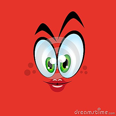 Cute emotion with big eyes and pouting lips on a red background. Vector Vector Illustration