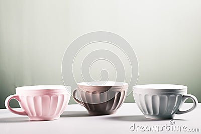 Cute empty ceramic coffee cups pastel colors on grey background Stock Photo