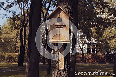 Cute empty wooden birdhouse in the park. Stock Photo