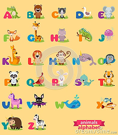 Cute english illustrated zoo alphabet with cute cartoon animal Vector Illustration