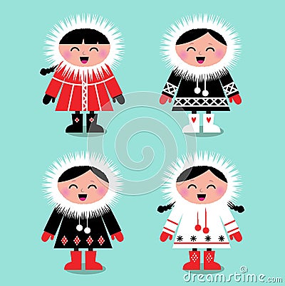 Cute eskimo kids group Vector Illustration