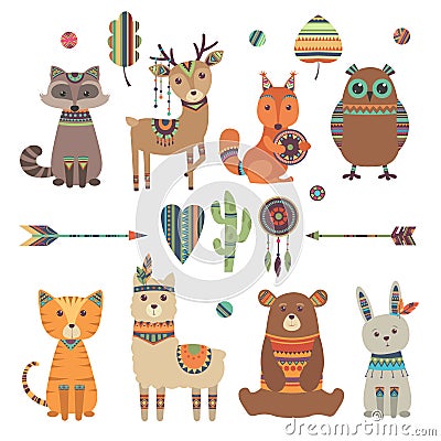 Cute ethnic animals. Tribal kid wild zoo bear owl raccoon tiger with feathers arrows and patterns vector design Vector Illustration