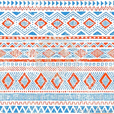 Cute ethnic seamless pattern. Tribal and aztec motifs. Grunge texture. Vintage print for textiles. Blue, orange and white colors. Vector Illustration