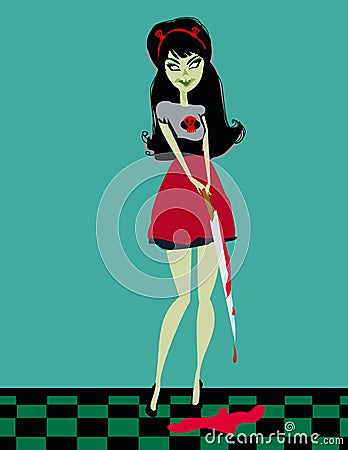 Cute evil girl with a bloody knife Vector Illustration