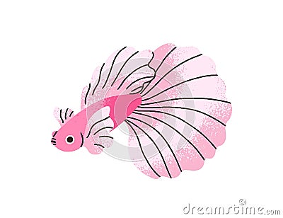 Cute exotic betta fish swimming. Tropical little small water animal with big tail, large flowing fins. Beautiful marine Vector Illustration