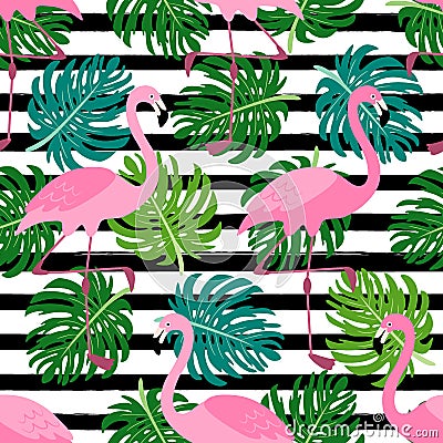 Cute exotic tropical seamless background with cartoon characters of pink flamingos Vector Illustration