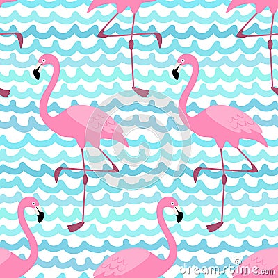 Cute exotic tropical seamless background with cartoon characters of pink flamingos Vector Illustration