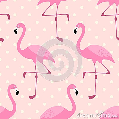 Cute exotic tropical seamless background with cartoon characters of pink flamingos Vector Illustration