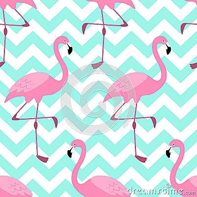 Cute exotic tropical seamless background with pink flamingos Vector Illustration