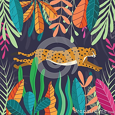 Cute exotic wild big cat cheetah running on dark tropical background with collection of exotic plants. Flat vector Vector Illustration