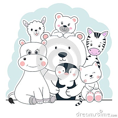 Cute face animals bear, llama, penguin, zebra, hippo and cat best friends Vector Illustration