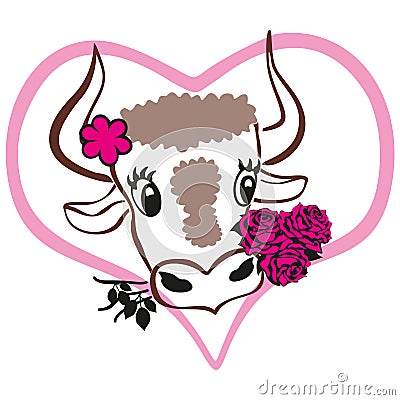 Face of bull with bouquet of roses in mouth and aster flower on its head, peeking out of heart. Concept: Gift for Valentine Day. Vector Illustration