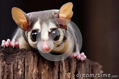 Cute face sugar glider on wood sugar glider closeup sugar glider climbing on wood Stock Photo