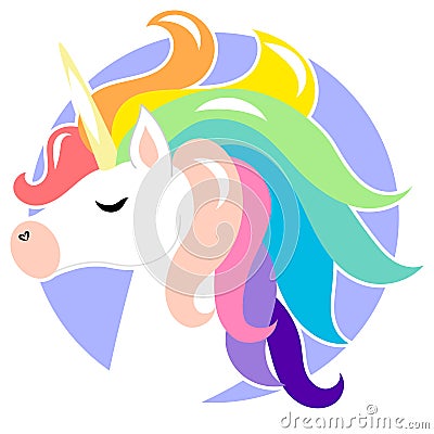 Cute face unicorn with rainbow hair. Vector cartoon character illustration. Design for child card, t-shirt. Girls, kid Vector Illustration