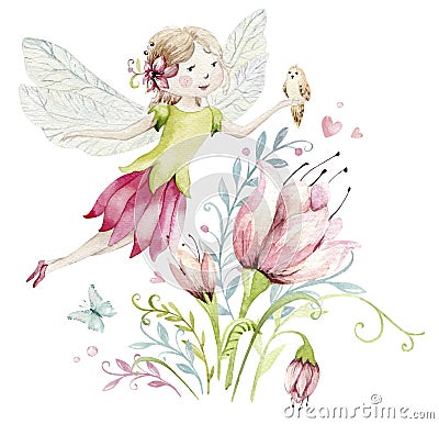 Cute Fairy character watercolor illustration on white background. Magic fantasy cartoon pink fairytale design. Baby girl Cartoon Illustration