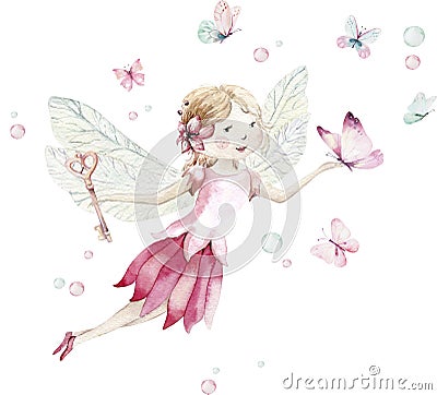 Cute Fairy character watercolor illustration on white background. Magic fantasy cartoon pink fairytale design. Baby girl Cartoon Illustration