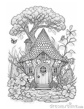 Cute Fairy Cottage Coloring Book, Kids Adult Coloring Pages Stock Photo