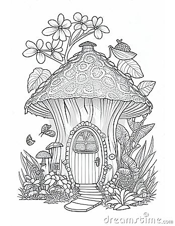 Cute Fairy Cottage Coloring Book, Kids Adult Coloring Pages Stock Photo