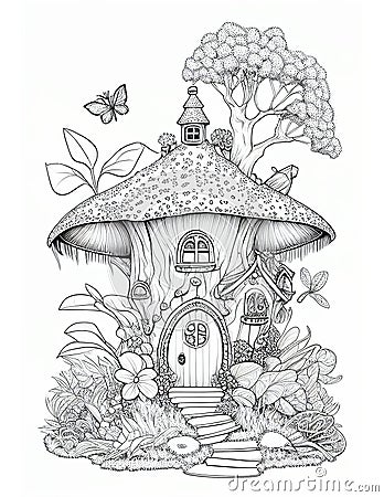 Cute Fairy Cottage Coloring Book, Kids Adult Coloring Pages Stock Photo