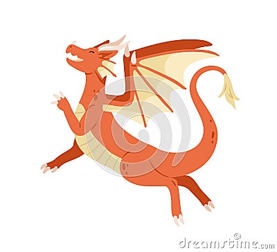 Cute fairy dragon jumping, flying. Happy excited dinosaur, fairytale character. Magic fiction baby dino with wings Cartoon Illustration