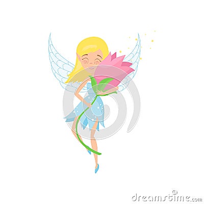 Cute fairy flying with beautiful pink flower in hands. Cartoon blond girl in blue dress. Adorable pixie with little Vector Illustration