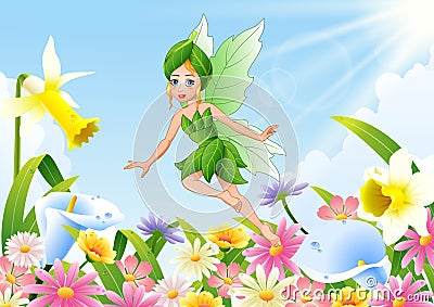 Cute fairy flying on flower field Vector Illustration